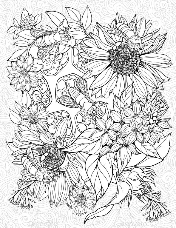 31 Flower and Bee Coloring Pages Printable Nature 2