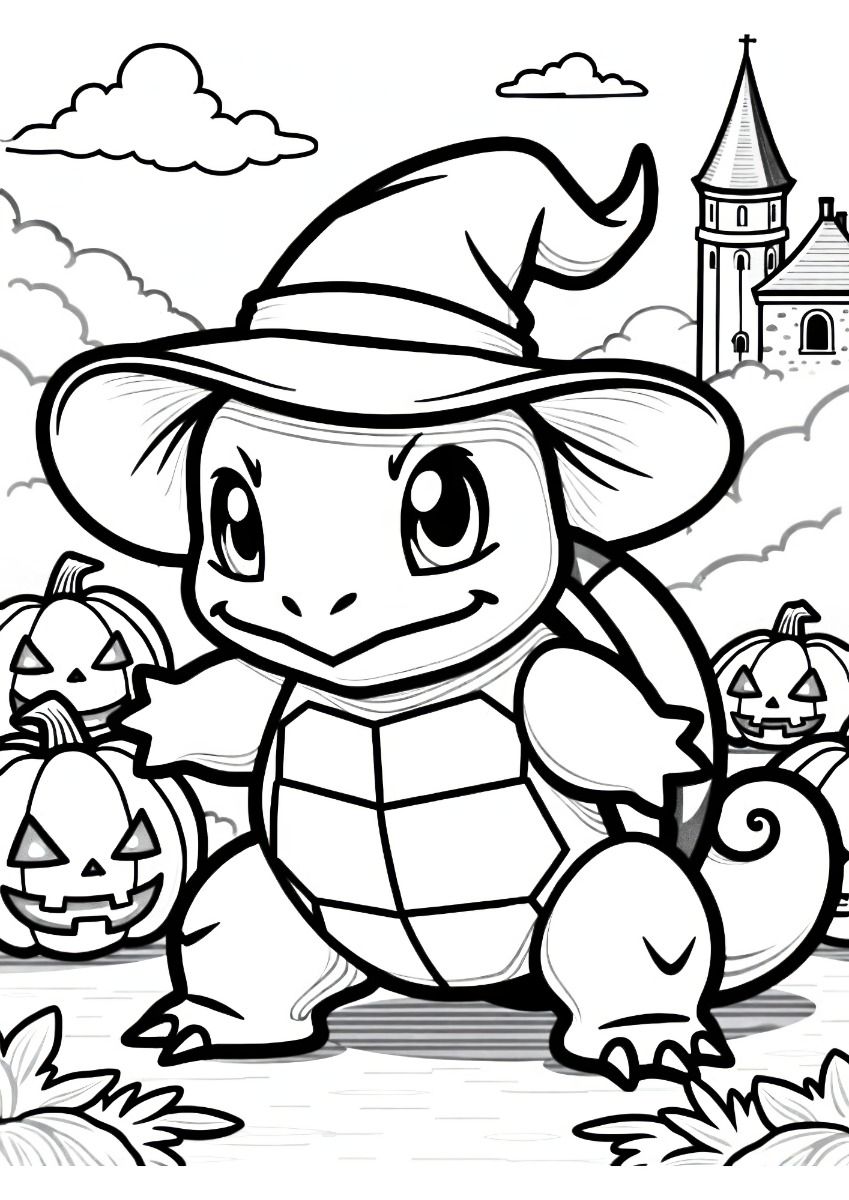 Coloring Page for Halloween: Pokémon Squirtle in Witch Hat with Old Castle Background